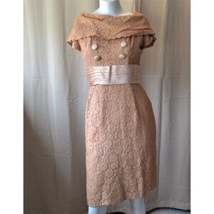 Vintage Dress 1950s Wiggle Cummerbund Champagne Shawl Collar